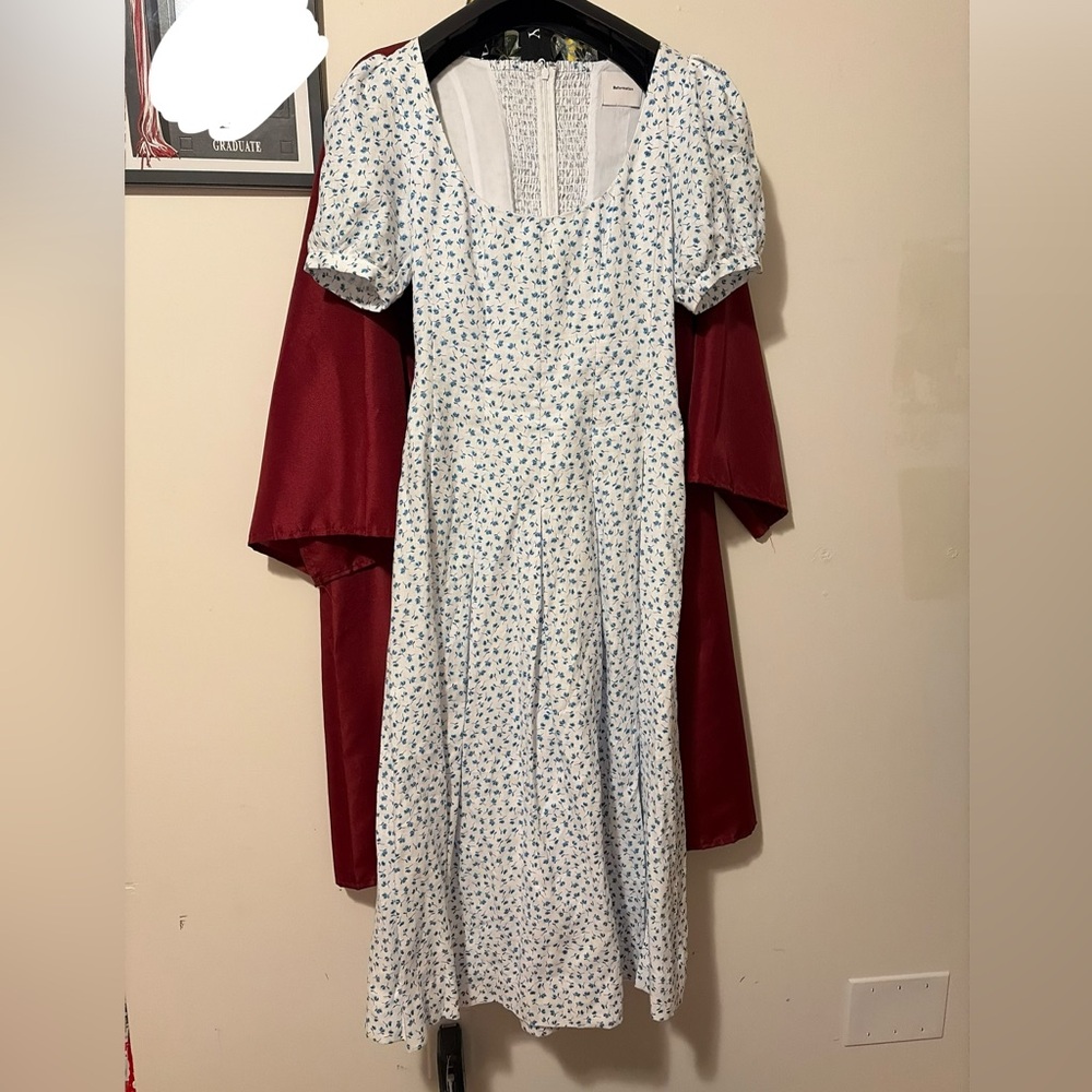 Reformation White Midi Skirt with Blue Floral Print and Side Slit - Picture 2 of 4